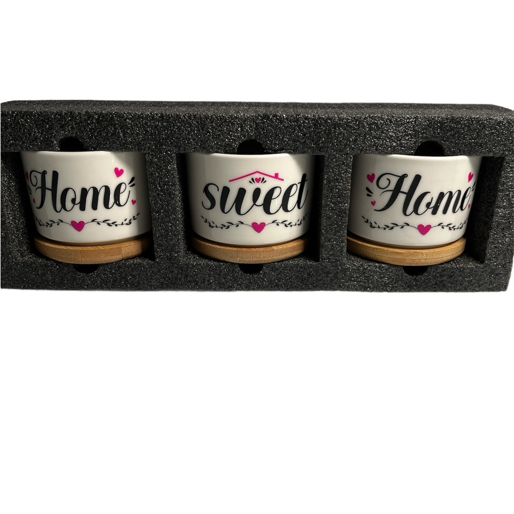 New 6 piece ceramic “Home Sweet Home” herb plant pots with 3 bamboo saucers
